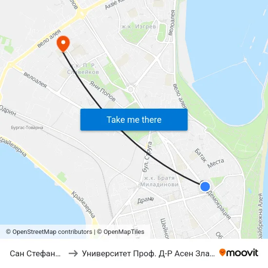 Сан Стефано / San Stefano to Университет Проф. Д-Р Асен Златаров Педагогически Факултет map