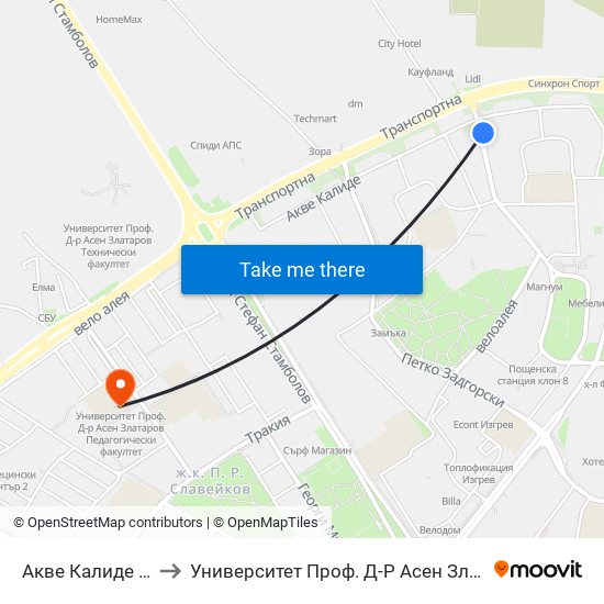 Акве Калиде / Aquae Calidae to Университет Проф. Д-Р Асен Златаров Педагогически Факултет map
