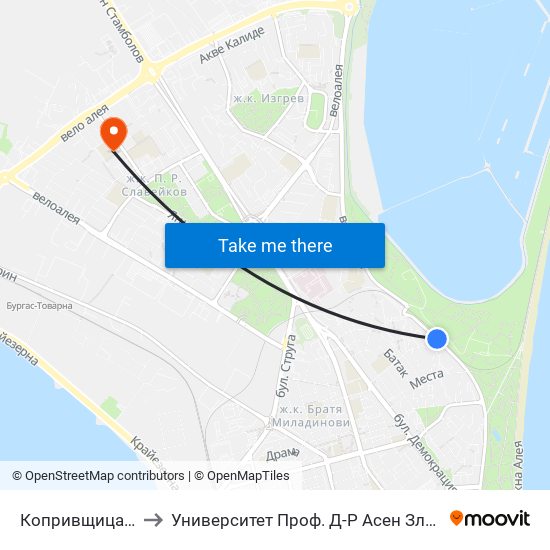 Копривщица / Koprivshtitsa to Университет Проф. Д-Р Асен Златаров Педагогически Факултет map