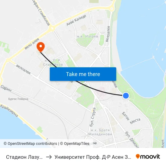 Стадион Лазур / Lazur Stadium to Университет Проф. Д-Р Асен Златаров Педагогически Факултет map