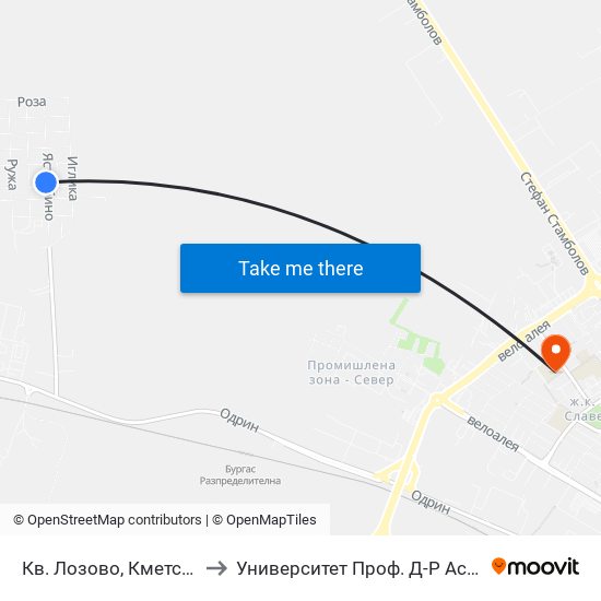 Кв. Лозово, Кметство / Lozovo Qr, Municipality to Университет Проф. Д-Р Асен Златаров Педагогически Факултет map