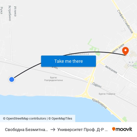 Свободна Безмитна Зона Бургас / Free Zone Bourgas to Университет Проф. Д-Р Асен Златаров Педагогически Факултет map