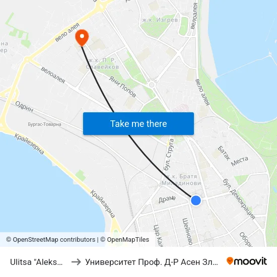 Ulitsa "Aleksandrovska", 120 to Университет Проф. Д-Р Асен Златаров Педагогически Факултет map