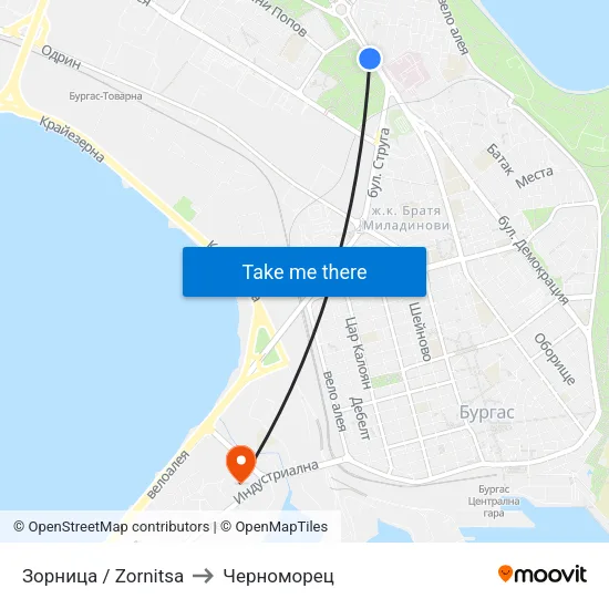 Зорница / Zornitsa to Черноморец map