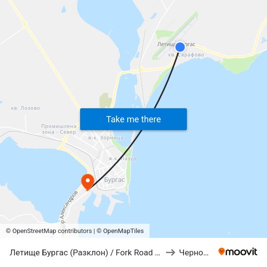 Летище Бургас (Разклон) / Fork Road To Burgas Airport to Черноморец map