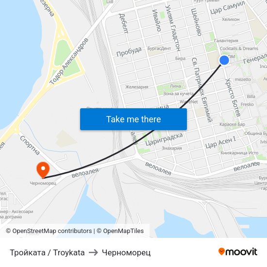 Тройката / Troykata to Черноморец map