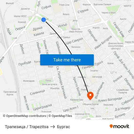 Трапезица / Trapezitsa to Бургас map