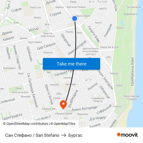 Сан Стефано / San Stefano to Бургас map