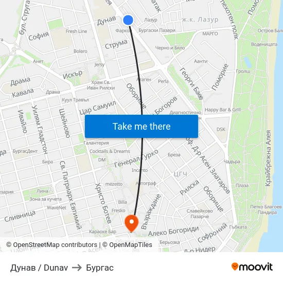 Дунав / Dunav to Бургас map