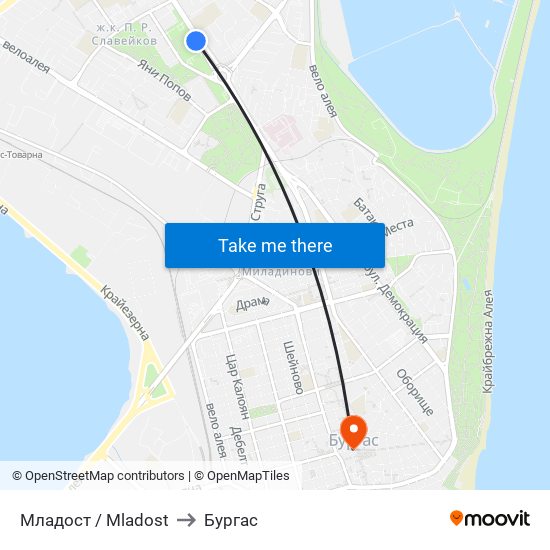 Младост / Mladost to Бургас map
