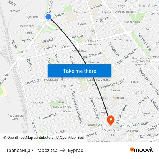 Трапезица / Trapezitsa to Бургас map