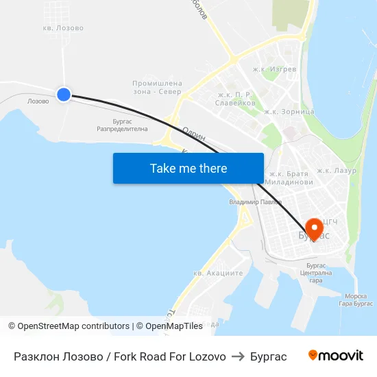 Разклон Лозово / Fork Road For Lozovo to Бургас map