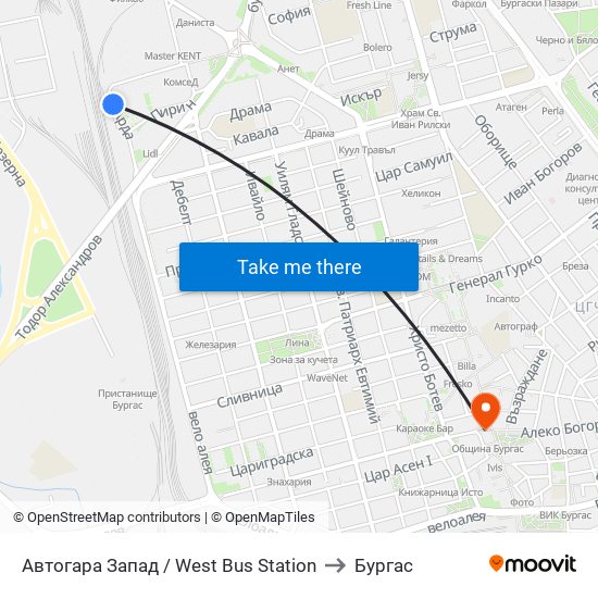 Автогара Запад / West Bus Station to Бургас map