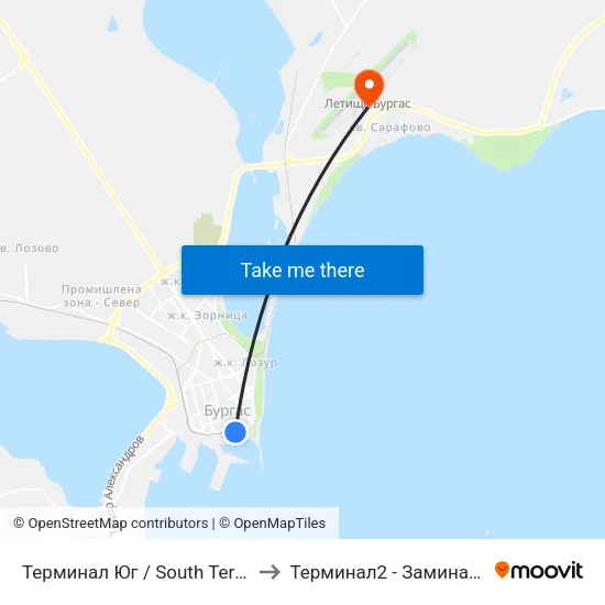Терминал Юг / South Terminus to Терминал2 - Заминаващи map