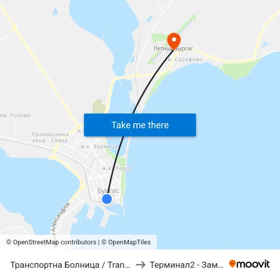 Транспортна Болница / Transport Hospital to Терминал2 - Заминаващи map