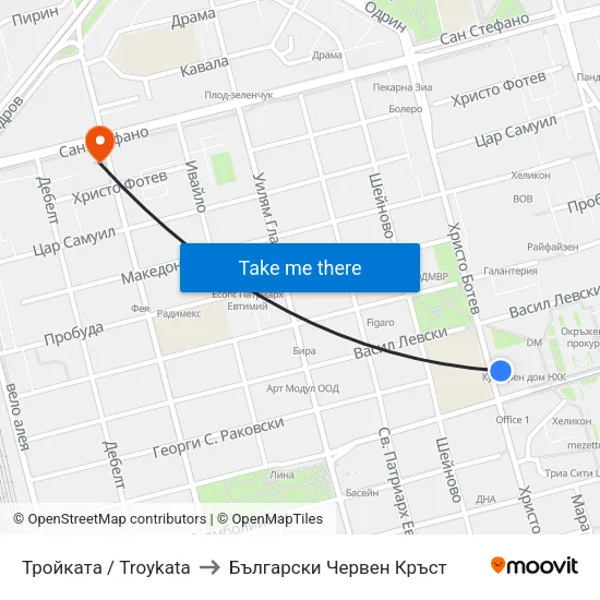 Тройката / Troykata to Български Червен Кръст map