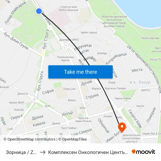 Зорница / Zornitsa to Комплексен Онкологичен Център-Бургас Еоод map