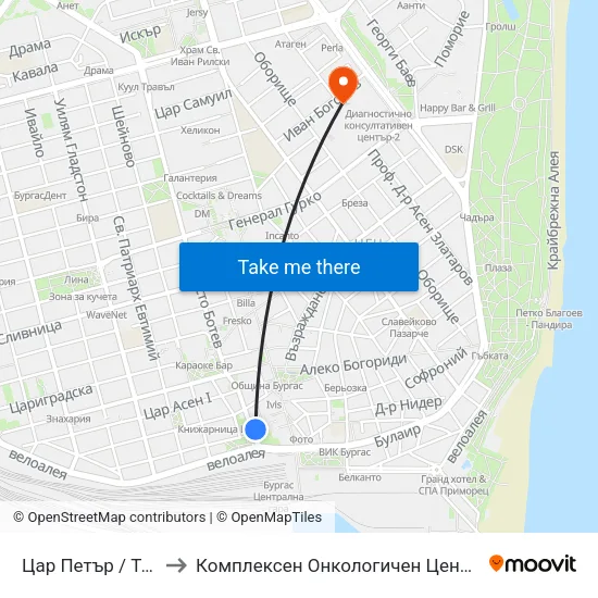 Цар Петър / Tsar Petar to Комплексен Онкологичен Център-Бургас Еоод map
