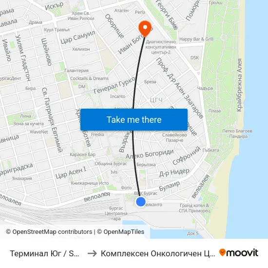 Терминал Юг / South Terminus to Комплексен Онкологичен Център-Бургас Еоод map