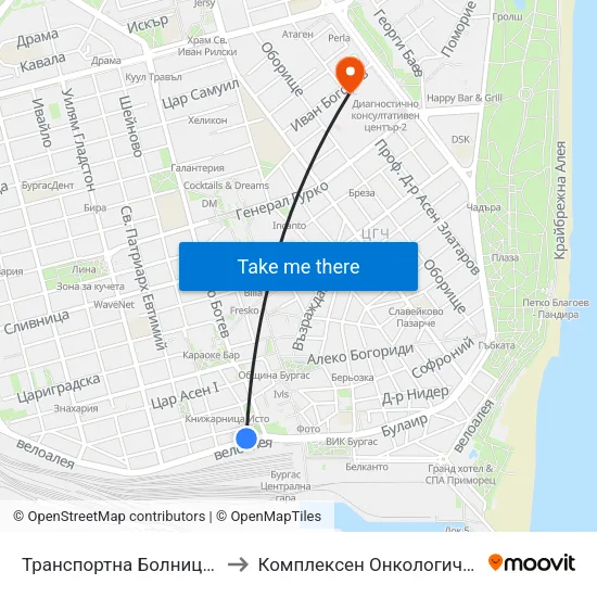 Транспортна Болница / Transport Hospital to Комплексен Онкологичен Център-Бургас Еоод map