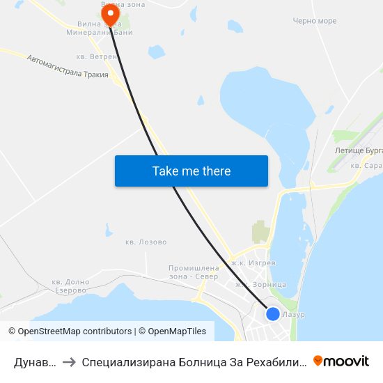 Дунав / Dunav to Специализирана Болница За Рехабилитация - Бургаски Минерални Бани map