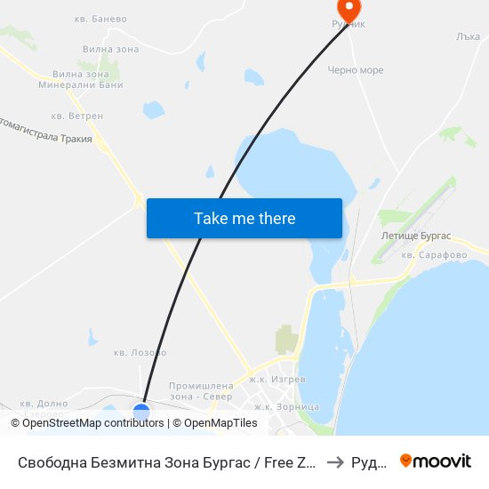 Свободна Безмитна Зона Бургас / Free Zone Bourgas to Рудник map