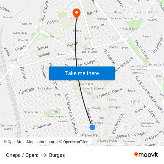 Опера / Opera to Burgas map