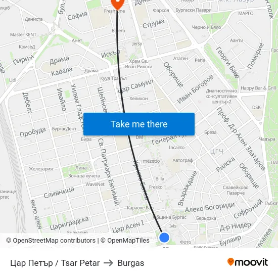 Цар Петър / Tsar Petar to Burgas map