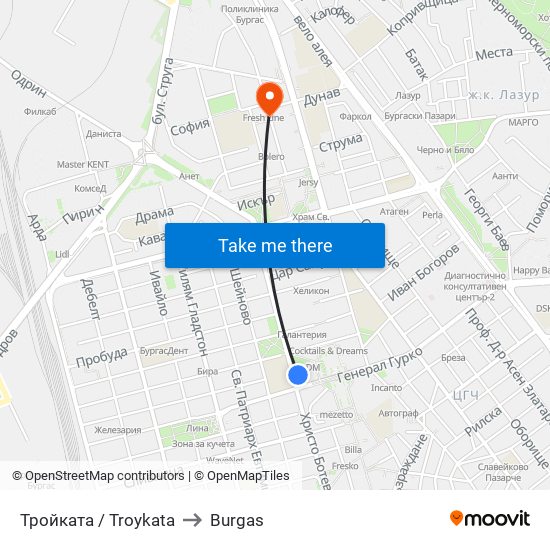 Тройката / Troykata to Burgas map