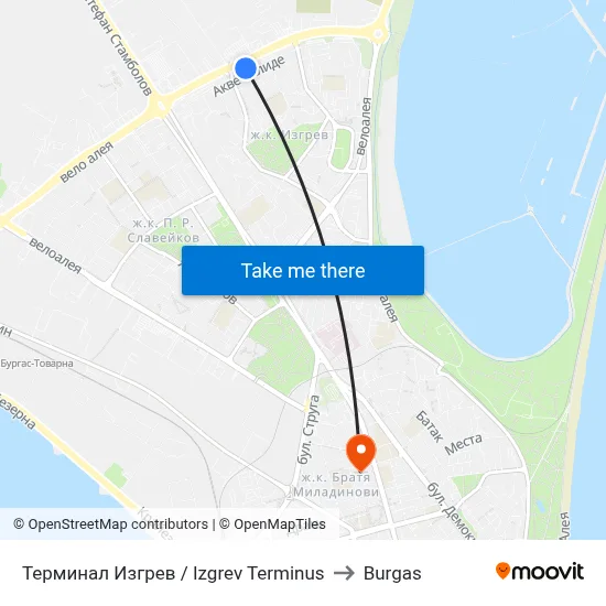 Izgrev Terminus to Burgas map