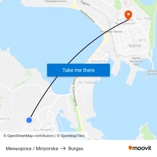 Minyorska to Burgas map