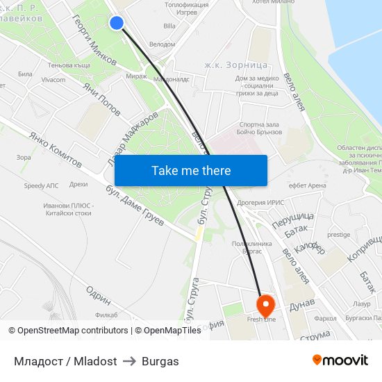 Младост / Mladost to Burgas map