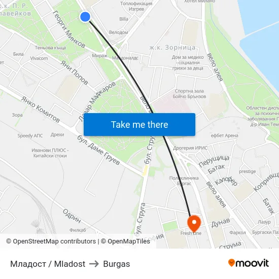 Mladost to Burgas map
