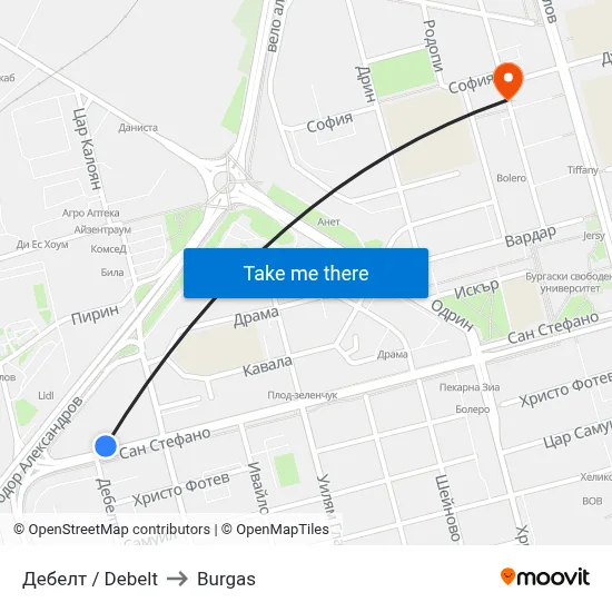 Debelt to Burgas map