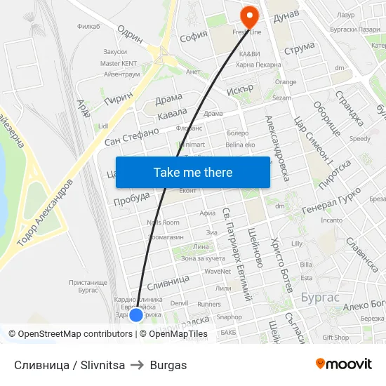Slivnitsa to Burgas map