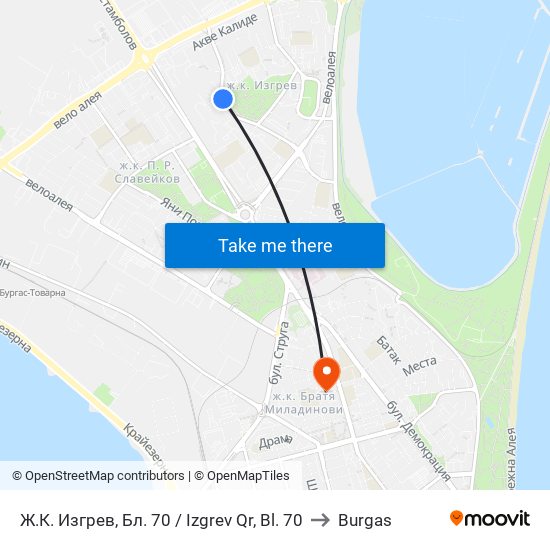 Ж.К. Изгрев, Бл. 70 / Izgrev Qr, Bl. 70 to Burgas map