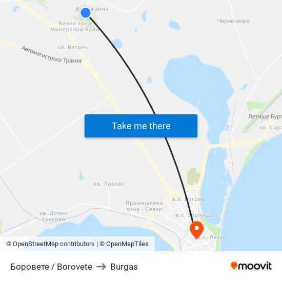 Боровете / Borovete to Burgas map