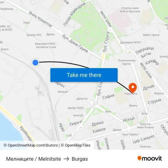 Melnitsite to Burgas map