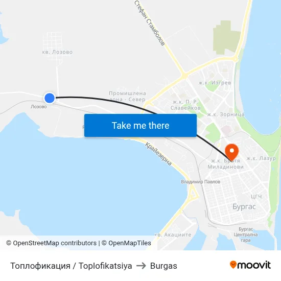 Топлофикация / Toplofikatsiya to Burgas map