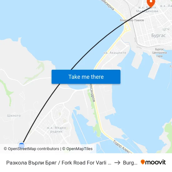Разкола Върли Бряг / Fork Road For Varli Bryag to Burgas map