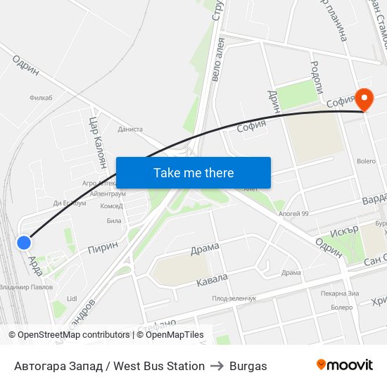 Автогара Запад / West Bus Station to Burgas map