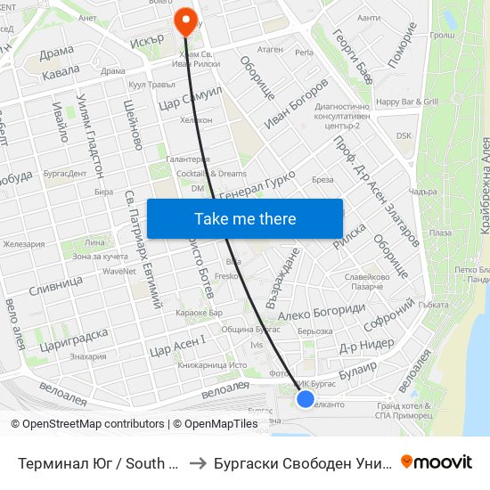 Терминал Юг / South Terminus to Бургаски Свободен Университет map