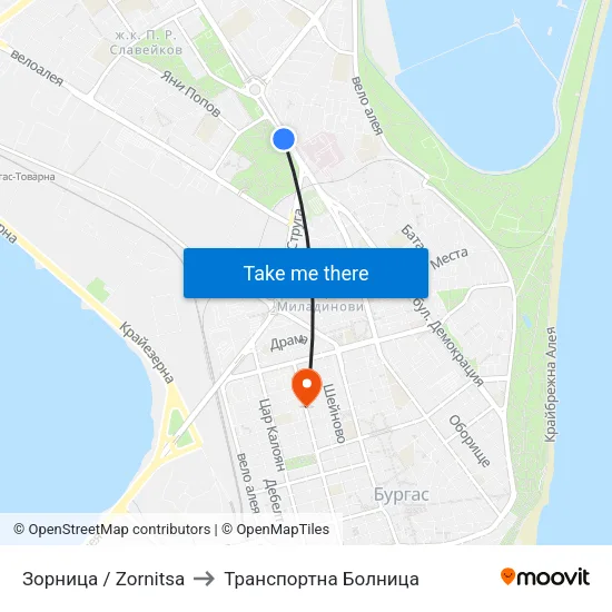 Зорница / Zornitsa to Транспортна Болница map