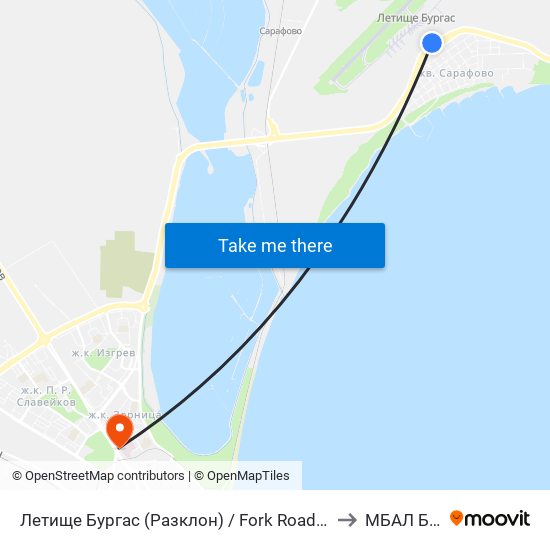 Летище Бургас (Разклон) / Fork Road To Burgas Airport to МБАЛ Бургас map