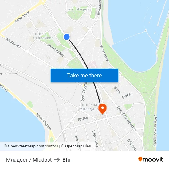 Mladost to BFU map