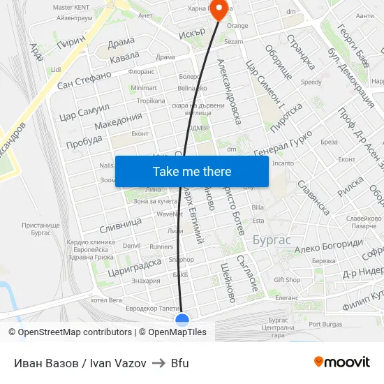 Ivan Vazov to BFU map