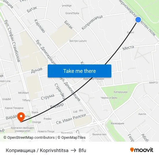 Koprivshtitsa to BFU map