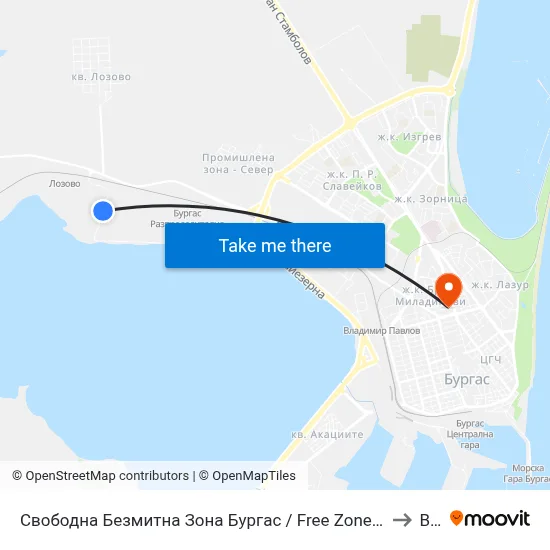 Free Zone Burgas to BFU map