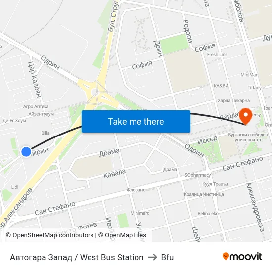 West Bus Station to BFU map