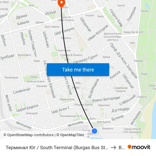 South Terminal (Burgas Bus Station) to BFU map